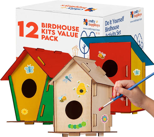 12 DIY Bird House Kits for Children, Unfinished Wood Birdhouses to Paint for Kids