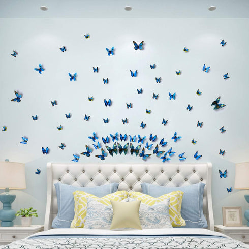 LiveGallery 72 PCS Removable 3D DIY Beautiful Butterfly Wall Decals Blue Butterflies Art Decor for Kids Bedroom