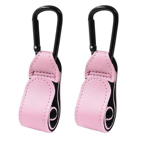 2 Pcs Durable Leather Stroller Hooks for Diaper Bags, Stroller Clips for Wheelchair and Shopping Carts, Pink