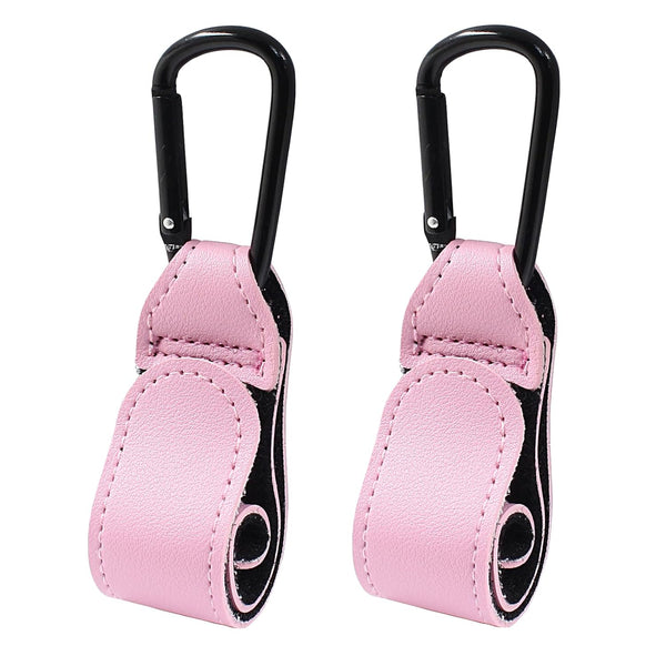 2 Pcs Durable Leather Stroller Hooks for Diaper Bags, Stroller Clips for Wheelchair and Shopping Carts, Pink