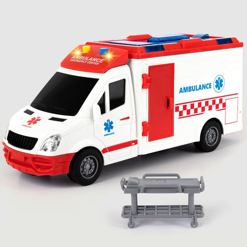 Kids Ambulance Toy Truck 1/16 Scale with Lights & Siren, Friction-Powered Rescue Toy with Removable Stretcher and Open