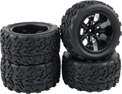 4x 1:10 RC Monster Truck Car Wheels - Rubber RC Tires with 7 Spokes Wheel Rim, Black RC Parts