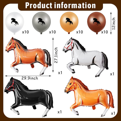Threan 44 Pcs Horse Party Decoration, Including 12 Inch Horse Latex Balloon, 30 Inch Foil Balloon for Cowboy Cowgirl