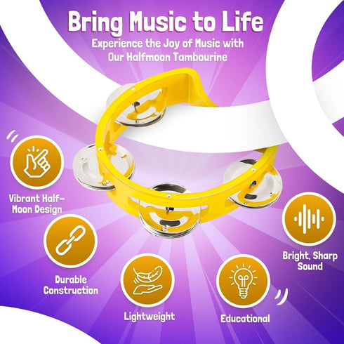 Flexzion Half Moon Musical Tambourine Set of 4, Red Yellow Blue Green, Hand Held Percussion Drum with Jingles