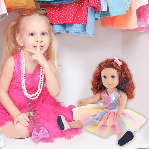 ZITA ELEMENT 18 Inch American Doll with Clothes and Accessories, Rainbow Dress, Bow, Bag, Shoes, Hairpin, Necklace