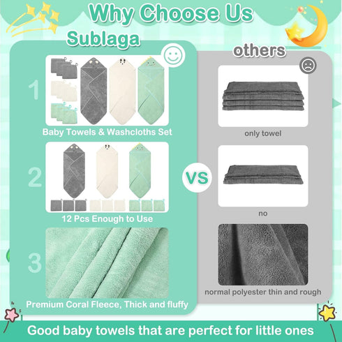 Sublaga 12 Set, 3 32x32 9 Pcs Baby Towels and Washcloths Hooded Baby Towel, Soft and Absorbent Baby Bath Towels, PCS