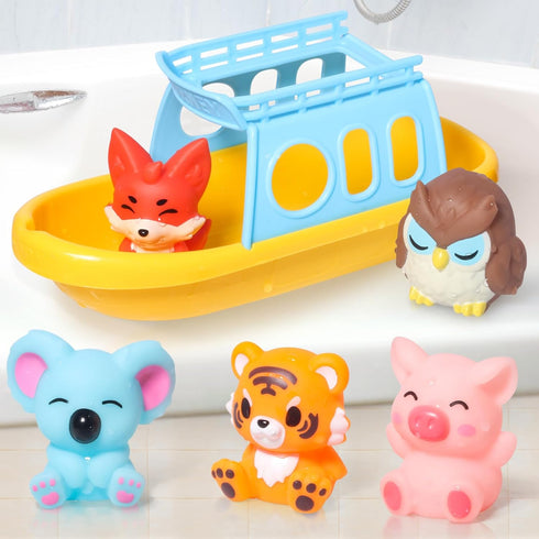 1 5 Set 3 4 5 6 Oriate Bath Toys for Kid, Boat and Silicone Animal Finger Puppets, Sensory Learning Toy in The Bathtub