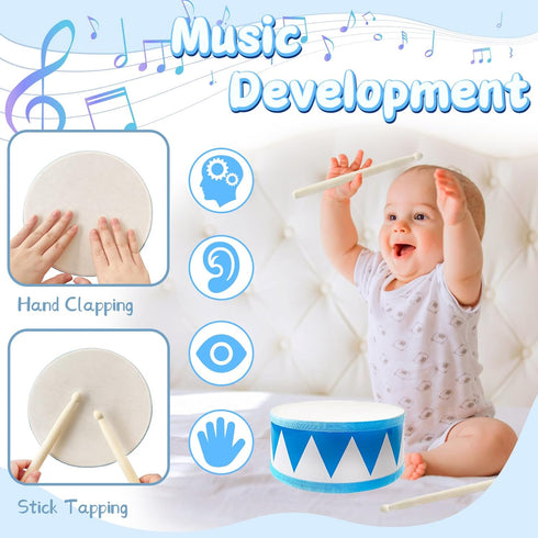 Kids Drum Set, 8 Inch Wooden Drum Toys, Educational Baby Drum with Adjustable Strap and 2 Drumsticks, Sensory Musical