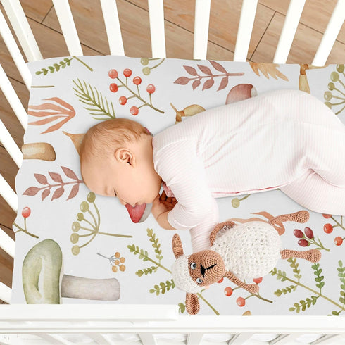 Mushroom Twig Fitted Crib Sheet, Soft Breathable for Girls and Boys, Standard Crib & Toddler Bed Mattress 27" x 39"