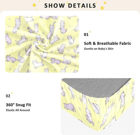 miaozhen 1 Pack 52x28 Cotton Baby Crib Sheets Ultra Soft Yellow Funny Cat Crib Mattress Sheet for Nursery sabanas para