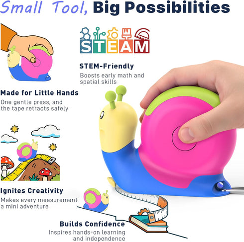 8ft 3+, Kids Tape Measure, STEM Educational Tool with Level, Protractor and Eraser, Retractable Snail Shaped Measuring