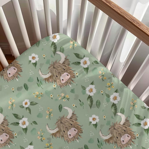 KuphiL10C Mattress-28x52 Cute Highland Cows Flowers Leaves Pattern Baby Sheets for Crib, Unisex Farm Cow Nursery Fitted