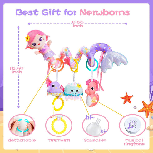 0-6 Koty Carseat Toys Hanging, Pink Mermaid Stroller Toys for Babies Months, Baby Car Seat Toy with Crinkle, Teether