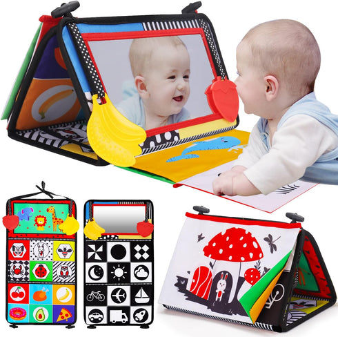 Tummy Time Baby Mirror, Infant Toys for 0-3 Months, Black and White Crawling Sensory Toy with Crinkle Book