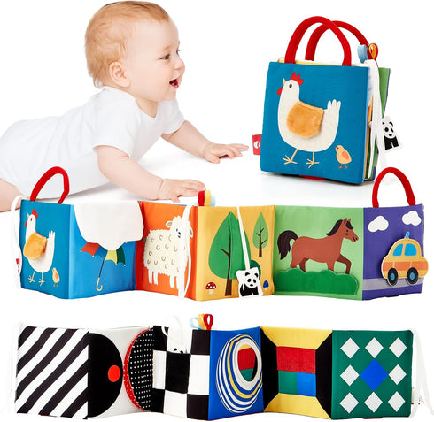 Baby Toys 0-6 Months, High Contrast Newborn Toys, Tummy Time Books with Crinkle, Squeaky Sounds