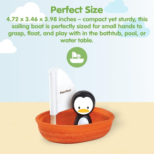 PlanToys Wooden Penguin Sailing Boat Bath Toy for Toddlers | Montessori Floating Toy for Kids | Eco-Friendly Baby Water