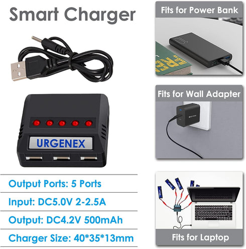 URGENEX 3.7v Lipo Battery 600mAh with JST Plug, 1S Li-Po Battery with X5 Charger for RC Drone Quadcopter