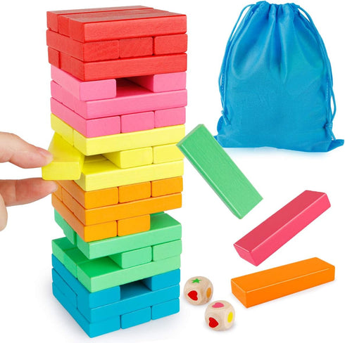 Coogam Wooden Blocks Stacking Game with Storage Bag, Toppling Colorful Tower Building