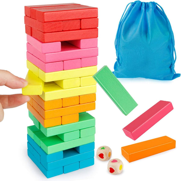 Coogam Wooden Blocks Stacking Game with Storage Bag, Toppling Colorful Tower Building