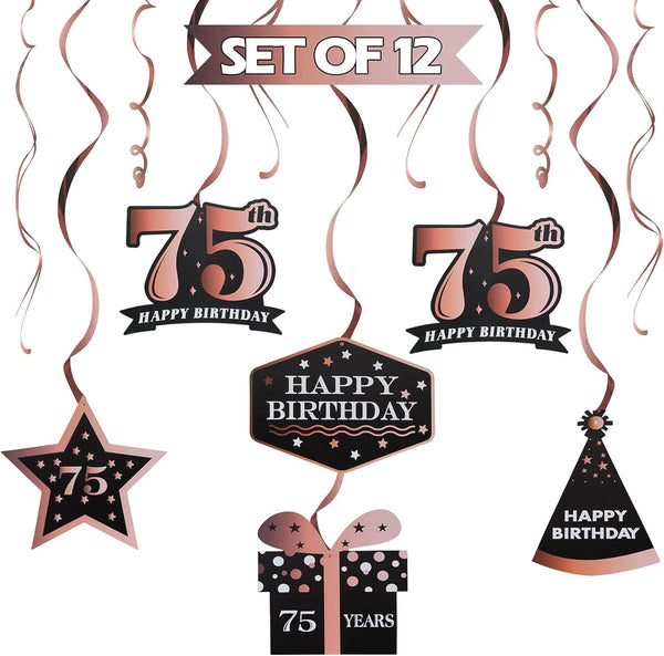 LINGTEER Happy 75th Birthday Decorations, 12Pcs Black & Rose Gold Swirls Streamer Set for 75 Years Old Bday Party
