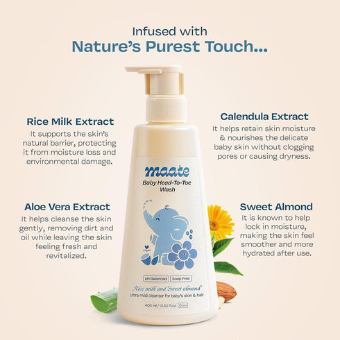 Generic 0m+ 400ml. M.a.a.t.e Baby Head to Toe Wash | Baby Hair & Body Wash for Bath | Aloe Vera, Almond Oil, Rice Milk