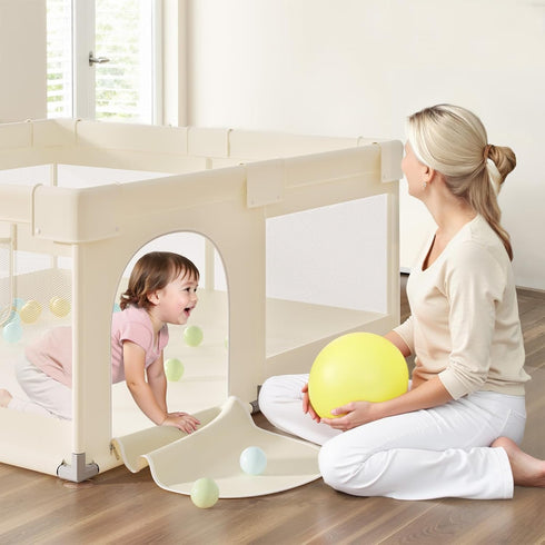 47x47in Uanlauo Beige Small Baby Playpen - Playpen for Babies and Toddlers, Safe Indoor Play Pen, Baby Pen with Storage