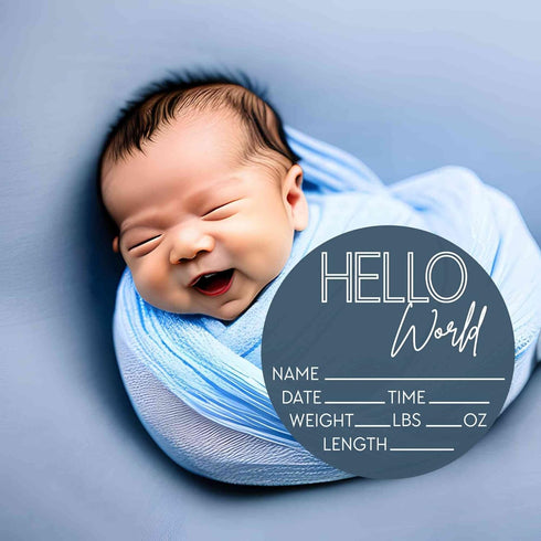Hello World Newborn Sign - Baby Name Birth Announcement Plaque for Hospital - Photo Prop - Blue Nursery Decor - Shower