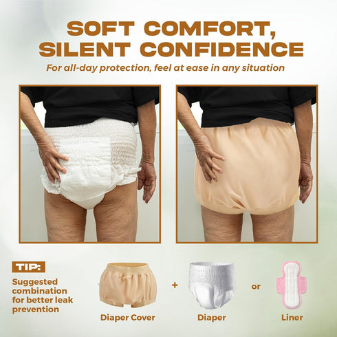 Adult Diaper Cover Waterproof, Reusable Incontinence Plastic Pants Underwear, High Waist Leakproof Absorbent Rubber