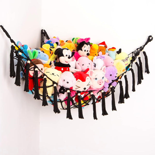 Stuffed Animal Toy Hammock Hanging, Macrame Organizer Storage for Plush Toys, Large Corner Net Holder (Black)