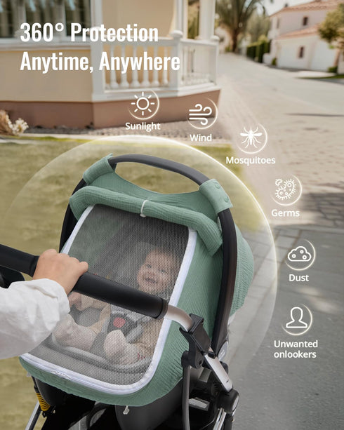Blissful Diary Baby Car Seat Cover, Extra Large Mesh Window, Breathable Muslin Cotton, Infant Windproof Canopy