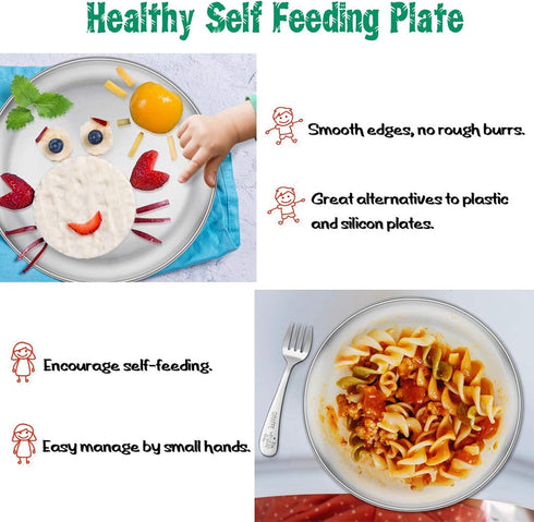 E-far Stainless Steel Plates Set of 4 - 8-inch Metal Dinner Plates for Kids, Shatterproof & Dishwasher Safe