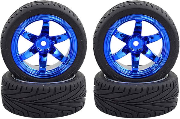 4PCS 1:10 RC Tires and Plastic Wheels Rims for On Road Touring Racing Drift Car, Traxxas HSP HPI (Blue)