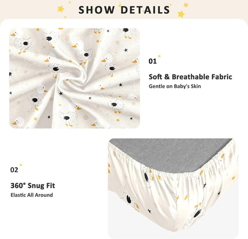 miaozhen 1 Pack 52x28 Cotton Crib Sheets for Baby Boys Girls Soft Breathable Cute Animal Mallard Duck Star Offwhite