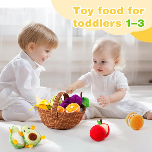 PHEZAPA 1-3, Set 6-12 1 Play Food for Toddler Plush Pretend Food with Sorting Fruit Basket, Baby Sensory Toys Months