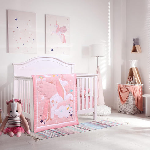 Set Sets 3 UOMNY Crib Bedding for Girls - Pink Baby Nursery Pieces Quilt Comforter Fitted Sheet Toddler Pillowcase Soft