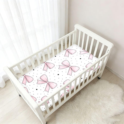 CZXW 52" 28" Pink Bowknot Pattern Crib Sheets Fitted x Natural Cotton Soft & Breathable for Baby Crib Mattress