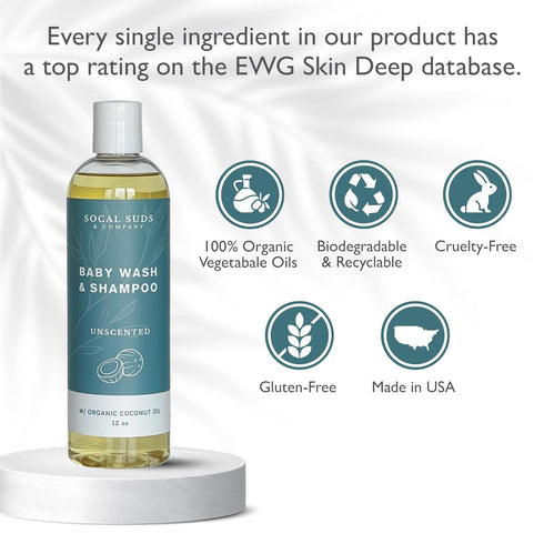2-in-1 12oz 2Pk SoCal Suds & Company Organic Baby Shampoo and Body Wash - Castile Soap, Hypoallergenic, Sensitive Skin