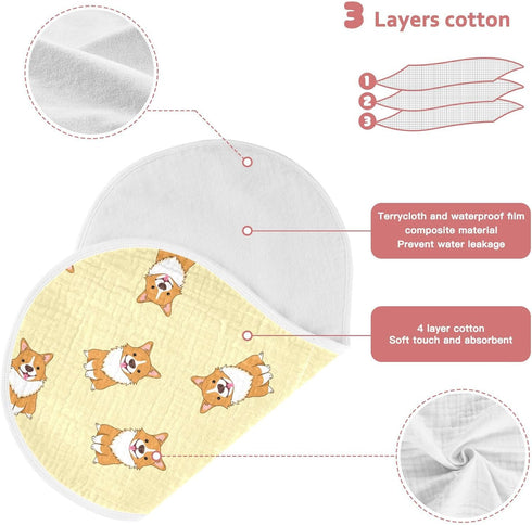 Cute Corgi Dog Pattern Muslin Burp Cloths for Baby, 2 Pack Soft 100% Cotton Washcloths Bibs for Boy Girl