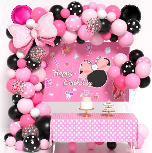 Pink Mouse Birthday Decorations, Pink Mouse Balloon Arch Kit with Backdrop & Tablecloth, 5-12 Inch Balloons for Baby