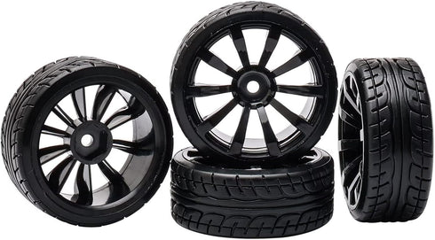 1/10 RC Drift Wheels, 12mm Plastic RC Drift Tires & Black 10 Spokes Wheel Rims, Pack of 4
