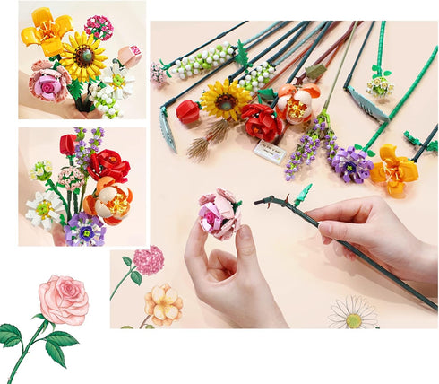 MEIEST Set,Creative (1658) Mini Building Blocks Flower Bouquet Plant Model DIY Artificial Flowers Botanical Collection