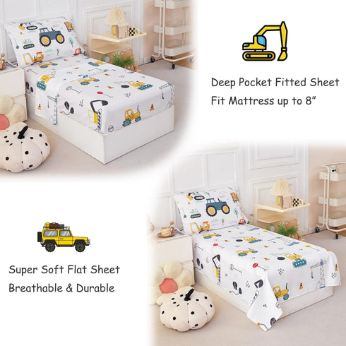 Set, 4 Sets Set PERFEMET Car Printed Toddler Comforter Pieces Toddler Bedding for Boys, Reversible Tractors Pattern