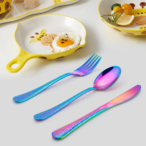 LIANYU 12-Piece Rainbow Kids Silverware Set, Stainless Steel Toddler Utensils, Hammered Preschooler Metal Flatware Cutlery Set, Children Tableware Includes Knives Forks Spoons, Dishwasher Safe by LIANYU