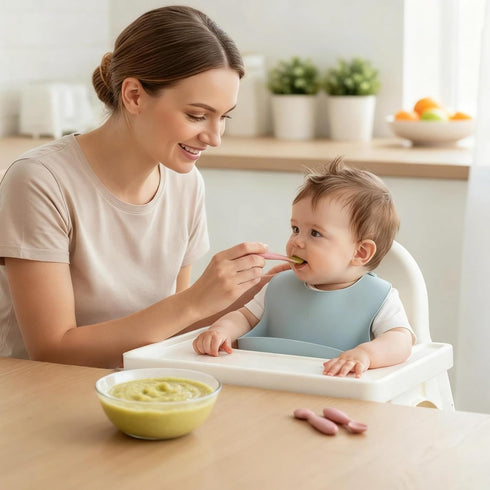 2 Silicone Baby Bibs pcs with Silicone Baby Spoons Self Feeding Waterproof, Soft