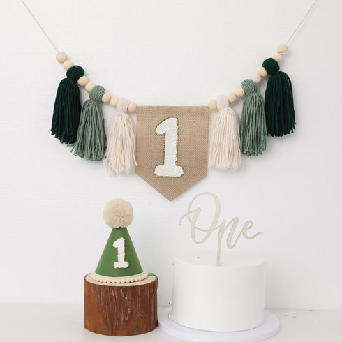 No.1 1st JUIIZAY First Birthday Party Decorations Green High Chair Banner Crown Cake Topper Birthday Decor