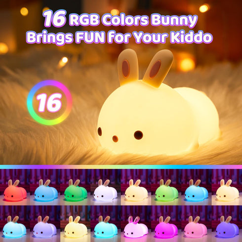 16 Stuff,1200mah Dimmable One Fire Night Light for Kids Bunny Toys, Colors Squishy Bunny Lamp, Soft Silicone Bunnies