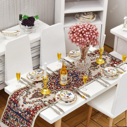 iLAND Dollhouse Furniture 1/12 Scale Dining-Room, Wooden Miniature Table Chair & Cabinet (8pcs)