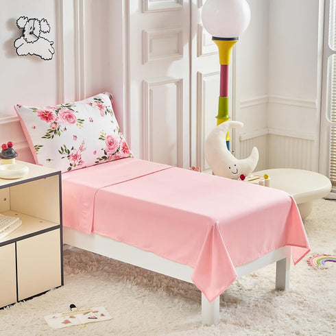 Set 4 Set Flower Toddler Bedding for Girls Pieces White Floral Toddler Bed with Pink Roses and Green Leaves - Includes