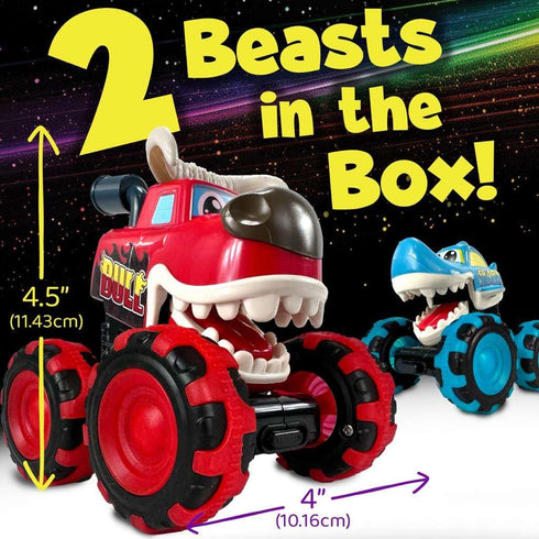 stargo 2 Pack Monster Truck Toy - Motion Activated Pull Back Light-Up Cars for Toddlers - Monster Shark & Bull