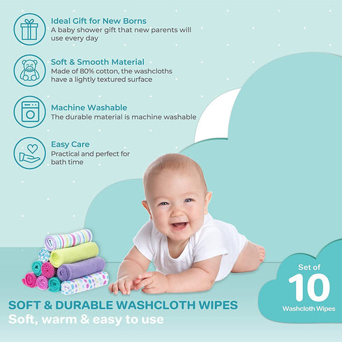 Set Set, Pack 10, (010-1201) Spasilk Washcloth Wipes for Newborn Boys and Girls, Soft Terry Washcloth of Aqua Bubbles